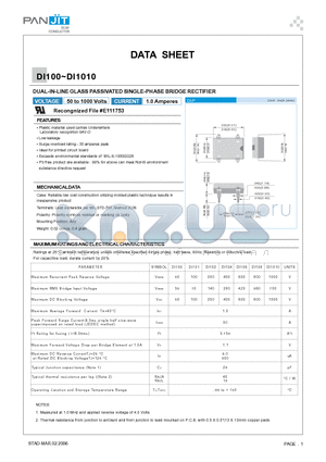 DI100 datasheet - DUAL-IN-LINE GLASS PASSIVATED SINGLE-PHASE BRIDGE RECTIFIER