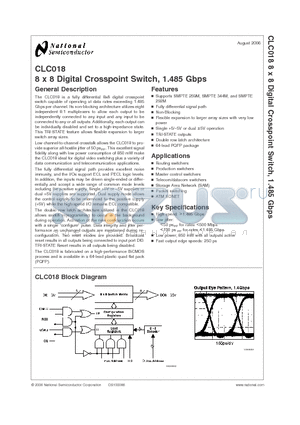 CLC018 datasheet - 8 x 8 Digital Crosspoint Switch, 1.485 Gbps