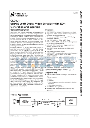 CLC021AVGZ-3.3 datasheet - SMPTE 259M Digital Video Serializer with EDH Generation and Insertion