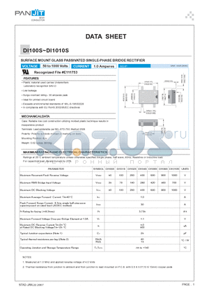 DI101S datasheet - SURFACE MOUNT GLASS PASSIVATED SINGLE-PHASE BRIDGE RECTIFIER