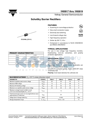1N5819-E3/54 datasheet - Schottky Barrier Rectifiers