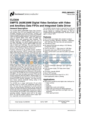 CLC030VEC datasheet - SMPTE 292M/259M Digital Video Serializer with Video and Ancilliary Data FIFOs and Integrated Cable Driver