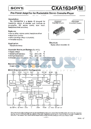 CXA1634M datasheet - PRE-POWER AMPLIFIER FOR POCKETABLE STEREO CASSETTE PLAYER