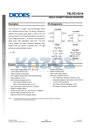 74LVC1G14SE-7 datasheet - SINGLE SCHMITT-TRIGGER INVERETER