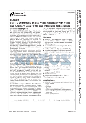 CLC030_06 datasheet - SMPTE 292M/259M Digital Video Serializer with Video and Ancillary Data FIFOs and Integrated Cable Driver