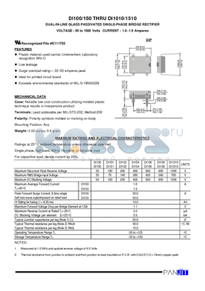 DI108 datasheet - DUAL-IN-LINE GLASS PASSIVATED SINGLE-PHASE BRIDGE RECTIFIER(VOLTAGE - 50 to 1000 Volts CURRENT - 1.0~1.5 Amperes)