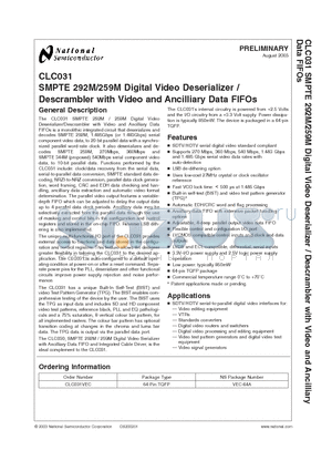 CLC031 datasheet - SMPTE 292M/259M Digital Video Deserializer / Descrambler with Video and Ancilliary Data FIFOs