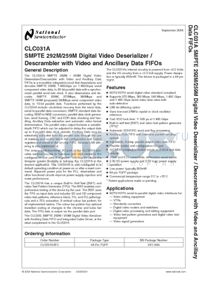 CLC031A datasheet - SMPTE 292M/259M Digital Video Deserializer / Descrambler with Video and Ancillary Data FIFOs