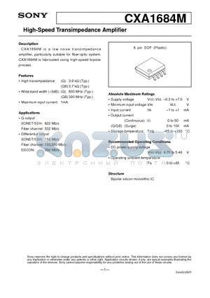 CXA1684M datasheet - High-Speed Transimpedance Amplifier