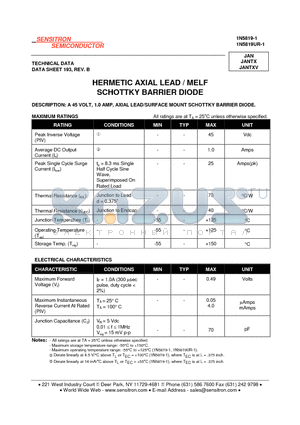 1N5819UR-1 datasheet - HERMETIC AXIAL LEAD / MELF GENERAL PURPOSE RECTIFIER