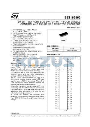 B5S162862 datasheet - 20-BIT TWO PORT BUS SWITCH WITH FOUR ENABLE CONTROL AND 25W SERIES RESISTOR IN OUTPUT