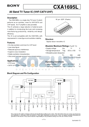 CXA1695 datasheet - All Band TV Tuner IC (VHF-CATV-UHF)