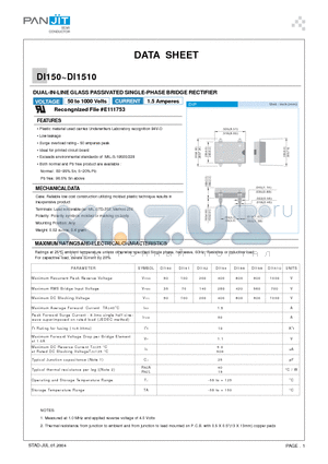 DI1510 datasheet - DUAL-IN-LINE GLASS PASSIVATED SINGLE-PHASE BRIDGE RECTIFIER