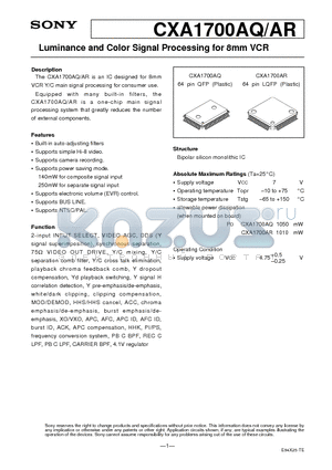 CXA1700AR datasheet - Luminance and Color Signal Processing for 8mm VCR
