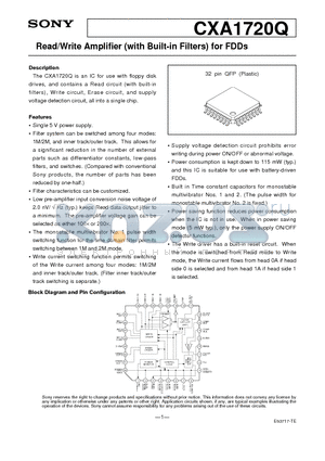 CXA1720Q datasheet - Read/Write Amplifier (with Built-in Filters) for FDDs