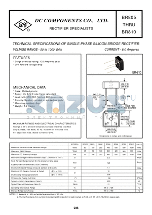 BR805 datasheet - TECHNICAL SPECIFICATIONS OF SINGLE-PHASE SILICON BRIDGE RECTIFIER