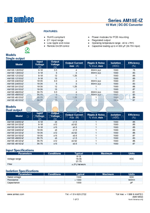AM15E-4805SIZ datasheet - 15 Watt | DC-DC Converter