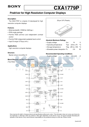 CXA1779 datasheet - Predriver for High Resolution Computer Displays