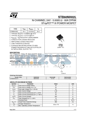 B60NH02L datasheet - N-CHANNEL 24V - 0.0085 ohm - 60A D2PAK STripFET TM III POWER MOSFET