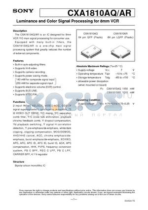CXA1810AR datasheet - Luminance and Color Signal Processing for 8mm VCR