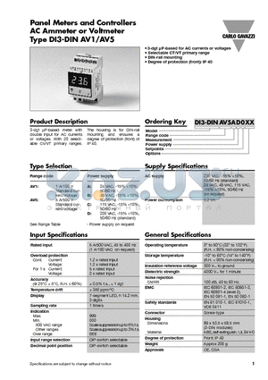 DI3DIN datasheet - Panel Meters and Controllers AC Ammeter or Voltmeter