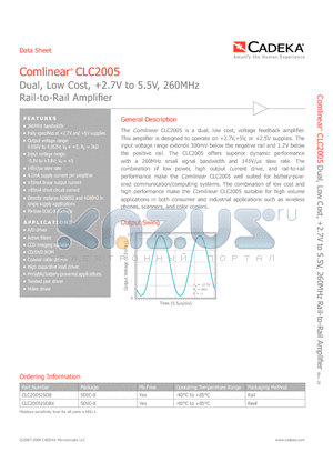 CLC2005ISO8X datasheet - Dual, Low Cost, 2.7V to 5.5V, 260MHz Rail-to-Rail Amplifier