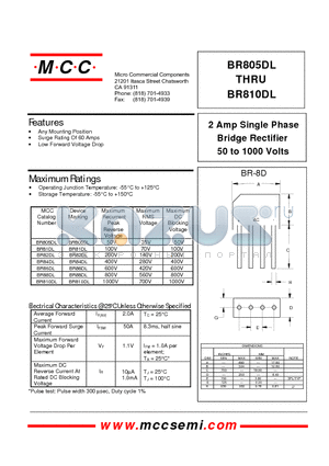 BR810DL datasheet - 2 Amp Single Phase Bridge Rectifier 50 to 1000 Volts