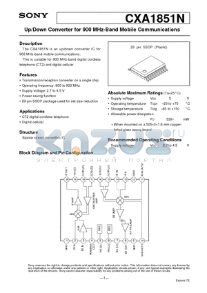 CXA1851N datasheet - Up/Down Converter for 900 MHz-Band Mobile Communications