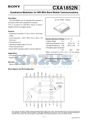 CXA1852N datasheet - Quadrature Modulator for 900 MHz-Band Mobile Communications