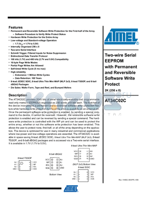 AT34C02CN-SH-T datasheet - Two-wire Serial EEPROM with Permanent and Reversible Software Write Protect 2K (256 x 8)