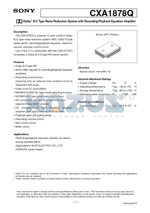 CXA1878Q datasheet - Dolby B-C Type Noise Reduction System with Recording/Playback Equalizer Amplifier