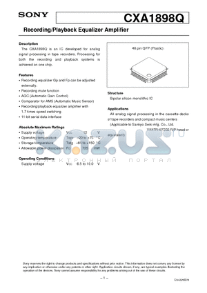 CXA1898Q datasheet - Recording/Playback Equalizer Amplifier