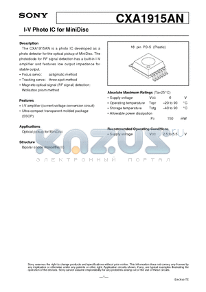 CXA1915AN datasheet - I-V Photo IC for MiniDisc