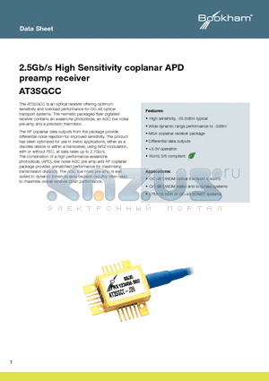 AT3SGCC datasheet - 2.5Gb/s High Sensitivity coplanar APD preamp receiver