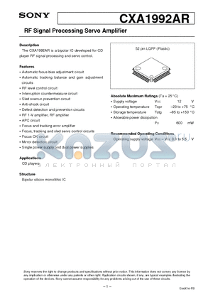CXA1992AR datasheet - RF Signal Processing Servo Amplifier