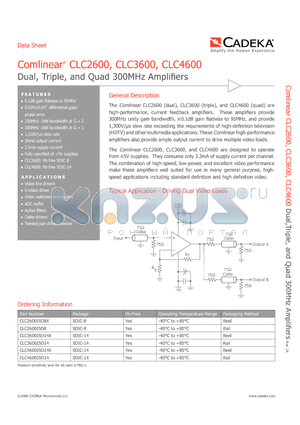 CLC2600ISO8X datasheet - Dual, Triple, and Quad 300MHz Amplifiers