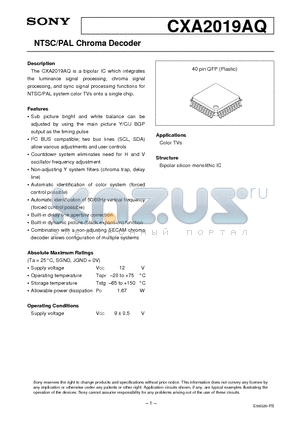 CXA2019AQ datasheet - NTSC/PAL Chroma Decoder