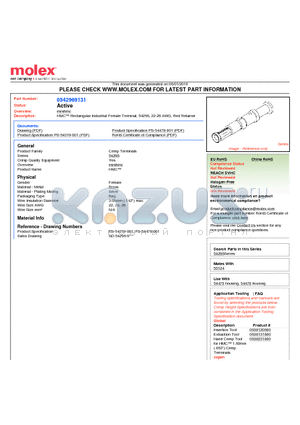 54296-9131 datasheet - HMC Rectangular Industrial Female Terminal, 54296, 22-26 AWG, Red Retainer