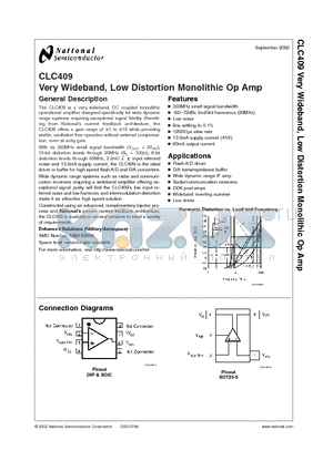 CLC409AJP datasheet - Very Wideband, Low Distortion Monolithic Op Amp