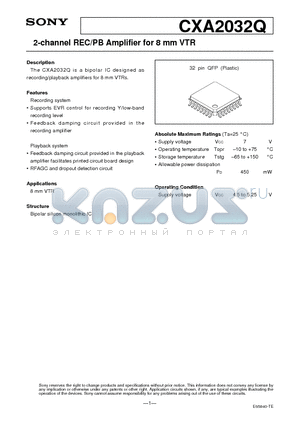 CXA2032Q datasheet - 2-channel REC/PB Amplifier for 8 mm VTR