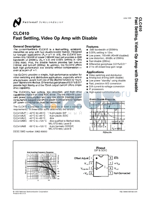 CLC410 datasheet - Fast Settling, Video Op Amp with Disable