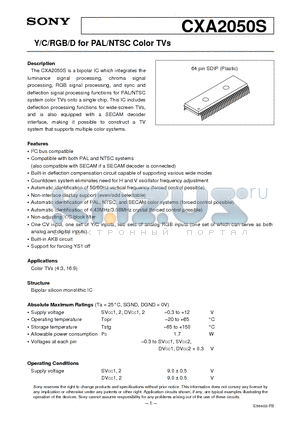 CXA2050S datasheet - Y/C/RGB/D for PAL/NTSC Color TVs