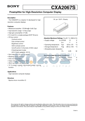 CXA2067 datasheet - Preamplifier for High-Resolution Computer Display