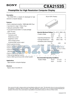 CXA2153 datasheet - Preamplifier for High Resolution Computer Display