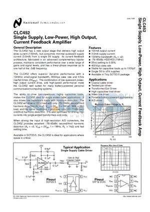 CLC452AJ datasheet - Single Supply, Low-Power, High Output, Current Feedback Amplifier