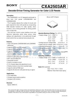 CXA2503AR datasheet - Decoder/Driver/Timing Generator for Color LCD Panels
