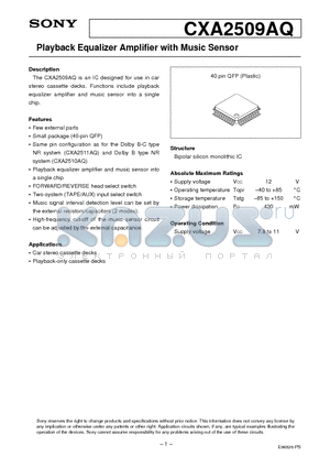 CXA2509 datasheet - Playback Equalizer Amplifier with Music Sensor