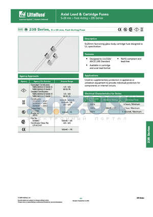 0235005.MXEP datasheet - 235 Series, 5 x 20 mm, Fast-Acting Fuse