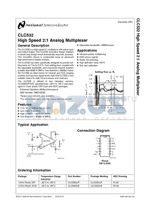 CLC532AJP datasheet - High Speed 2:1 Analog Multiplexer