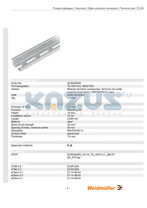 0236400000 datasheet - Modular terminal, accessories, Terminal rail (cable support construction), DIN EN 60715, steel